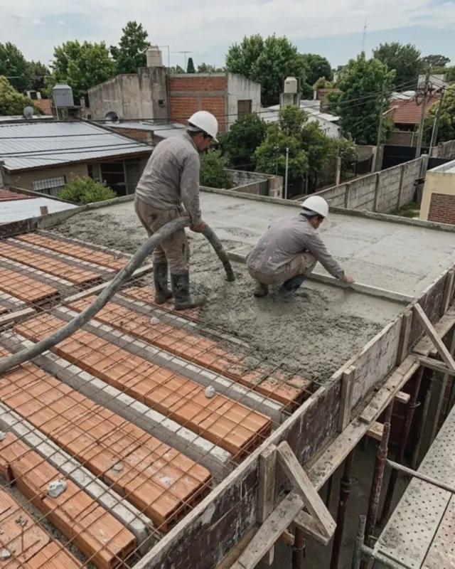 Operarios hormigonando una losa de viguetas y ladrillos cerámicos